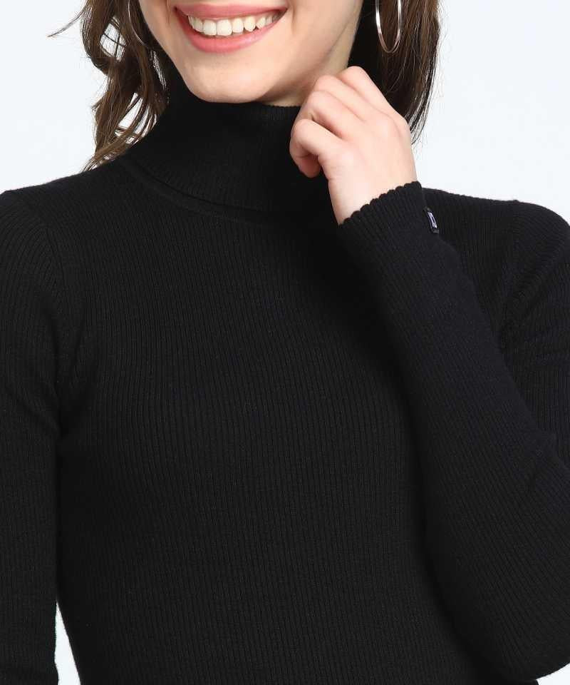 Women's ribbed high neck black fleece sweater