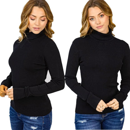 Women's ribbed high neck black fleece sweater