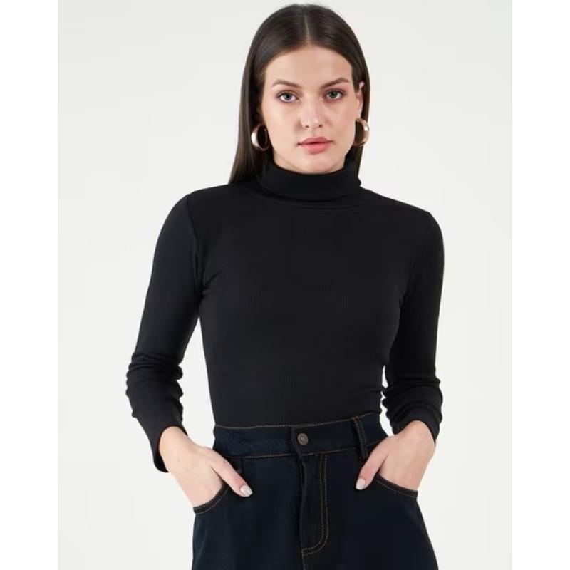 Women's ribbed high neck black fleece sweater