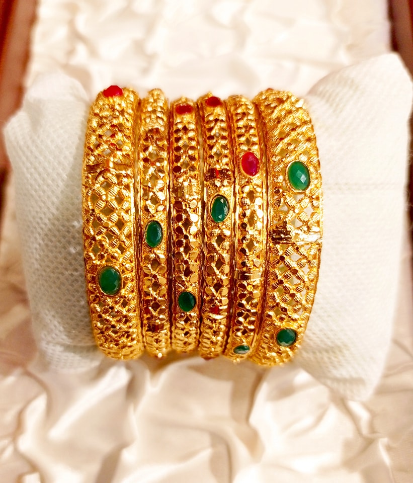 6 pcs gold plated indian style bangles with multicolor stones